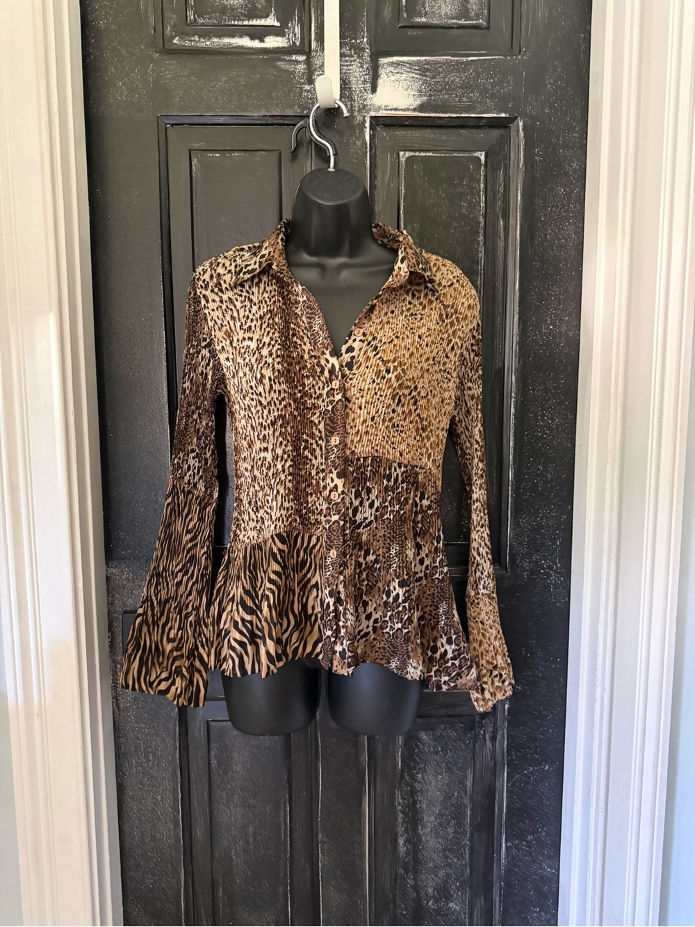 Milano Mixed Animal Print Button-Down Blouse in Brown and Tan